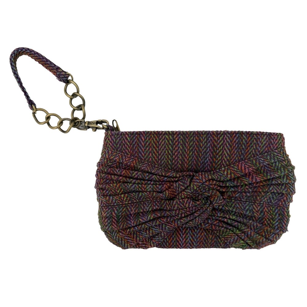 Tweed Wristlet Clutch Bag Knot Bow Boho Pouch Purple Multicolor Zipper Indie